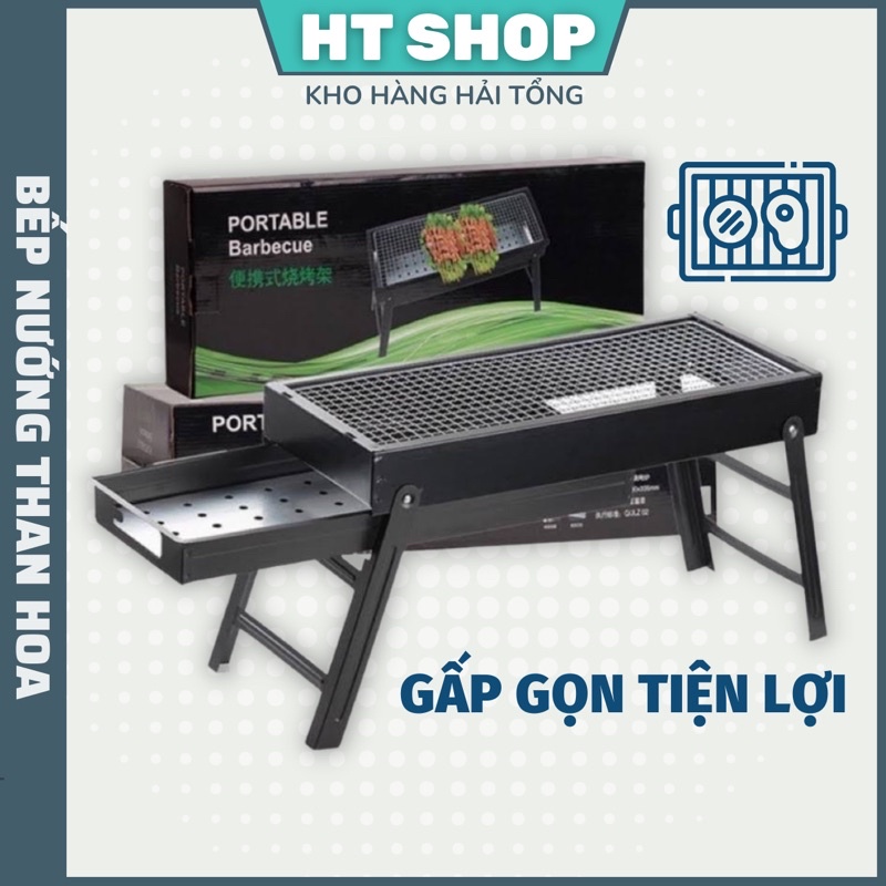 Bếp Nướng Than Hoa Dài Gấp Gọn, Bếp Nướng BBQ Ngoài Trời Có Vỉ Nướng