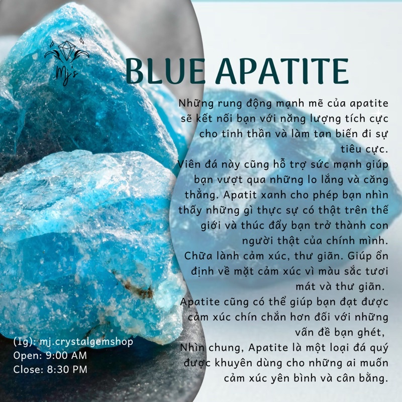 Đá thô BLUE APATITE màu xanh lam sưu tầm, handmade, reiki, thanh tẩy thiền định