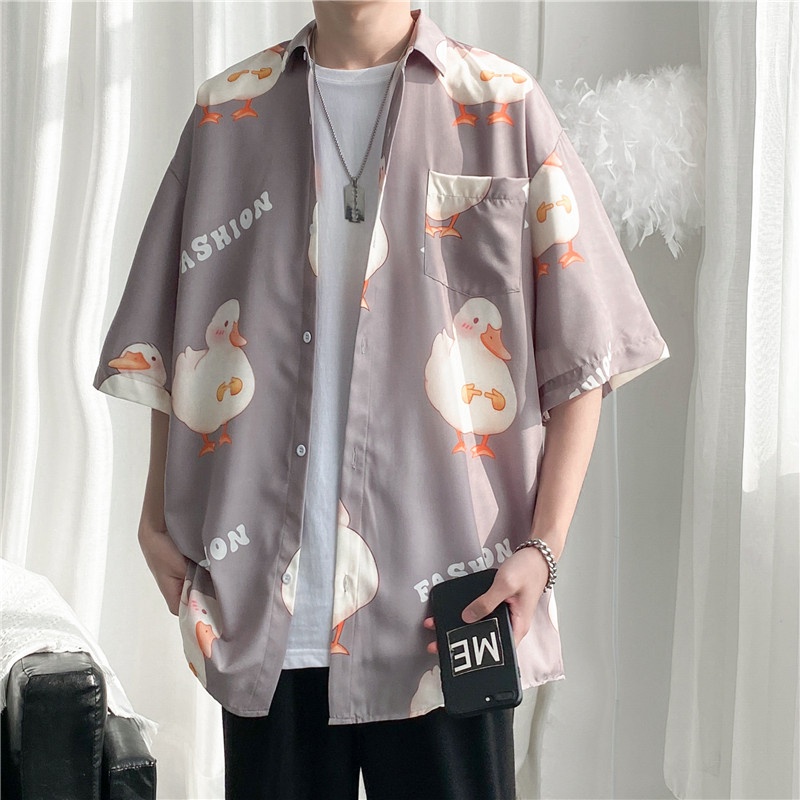 Áo Sơ Mi Tay Ngắn Dáng Rộng In Hình Chú Vịt Hoạt Hình Dễ Thương Thời Trang Mùa Hè Phong Cách Hàn Quốc Cho Nam 2022