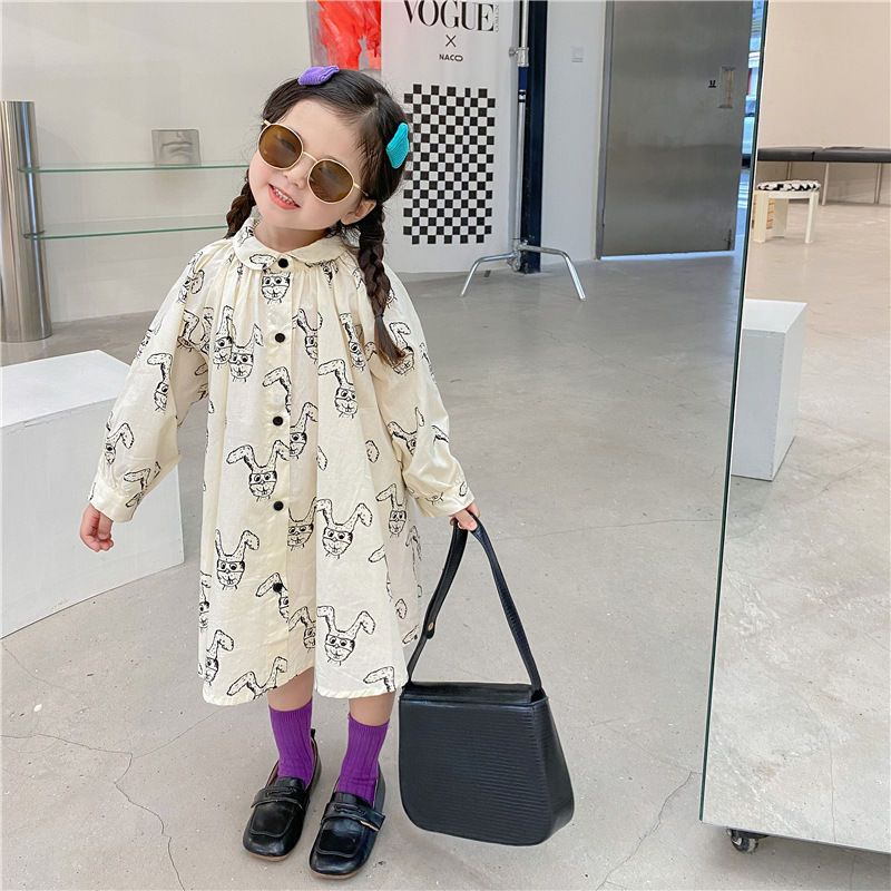 Đầm Sơ Mi Tay Dài In Hình Thỏ Hoạt Hình Phong Cách Hàn Quốc Nhật Bản Dễ Thương Thời Trang Xuân Thu 2022 Cho Bé Gái