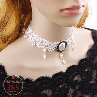Vòng cổ choker nữ ren trắng đính đá bản dày mẫu mới hot hit CKV117
