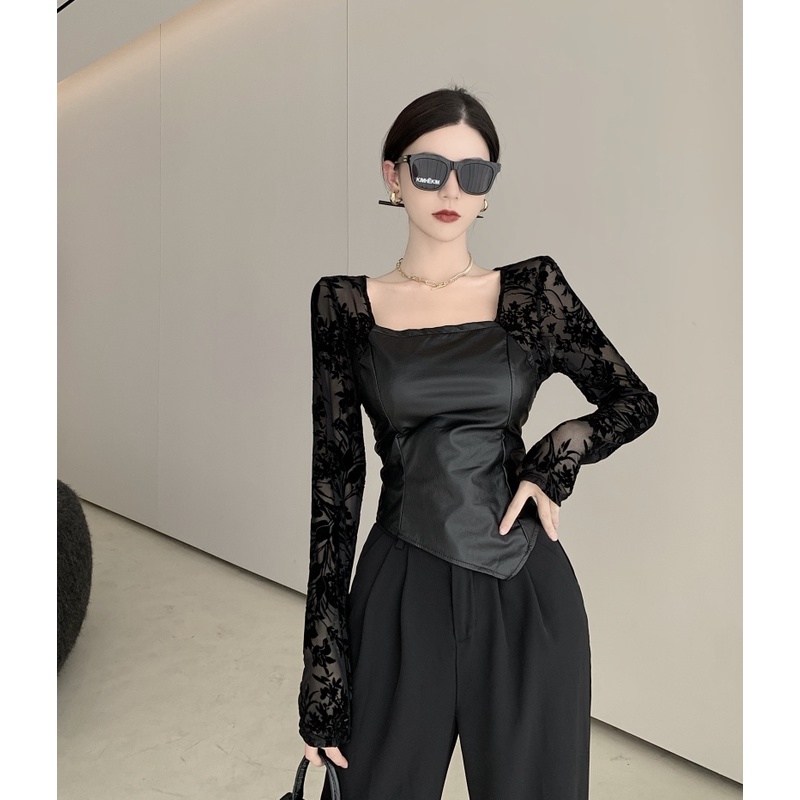 Áo kiểu tay dài cổ vuông phối ren thời trang mùa thu dễ phối đồ