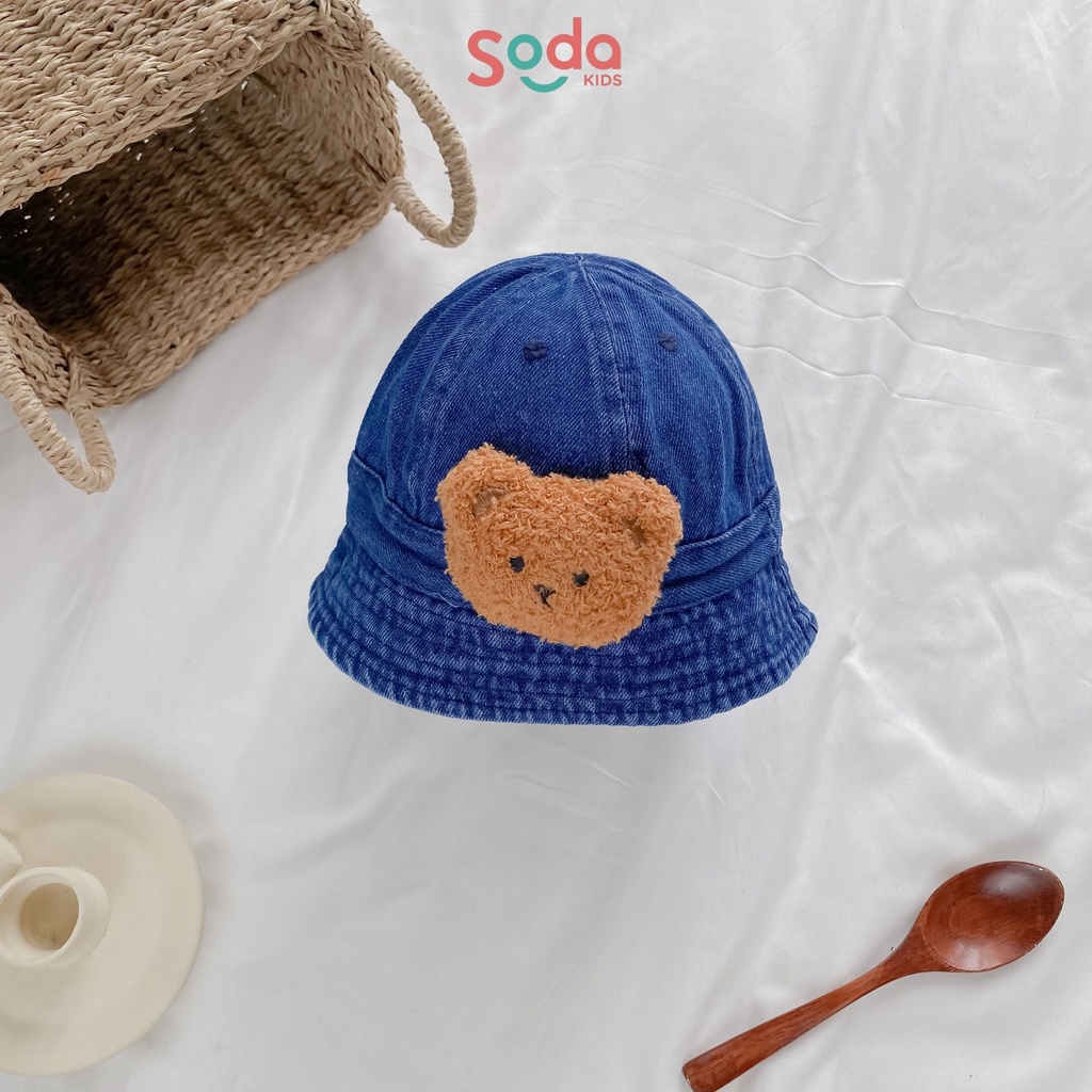 Mũ vành vải bò đính gấu nâu dành cho bé trai và bé gái 9m-2y