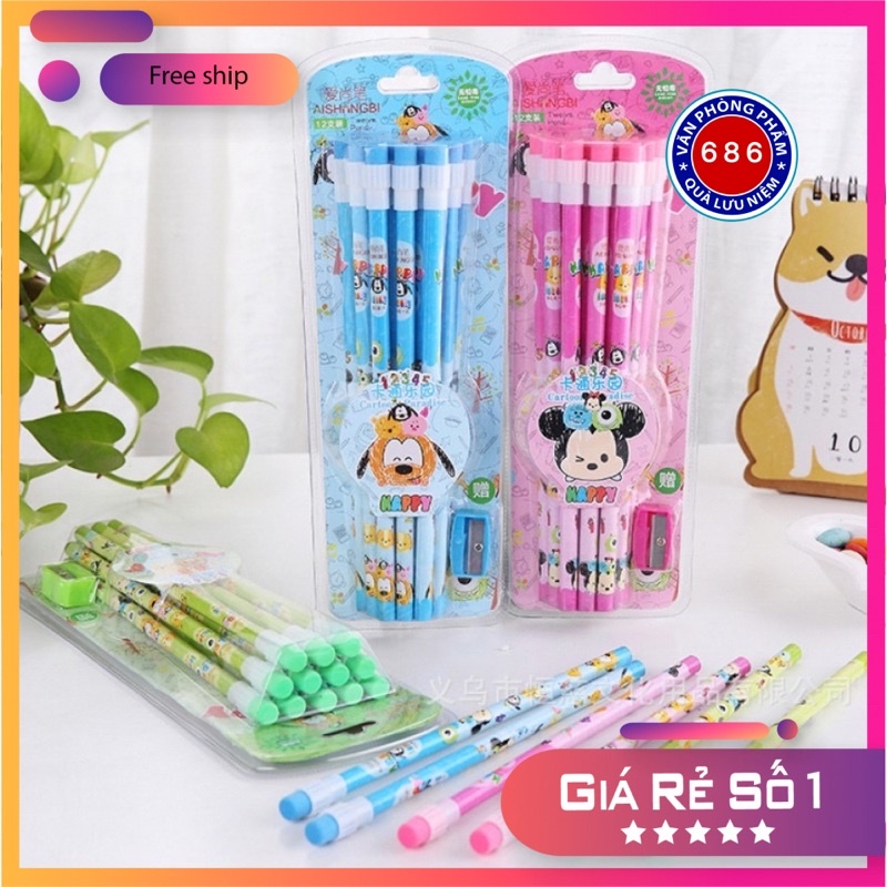 Set 12 bút chì kèm đồ gọt bút chì ngẫu nhiên_bút chì đáng yêu cho bé_đồ dùng học tập cho bé✍️✍️