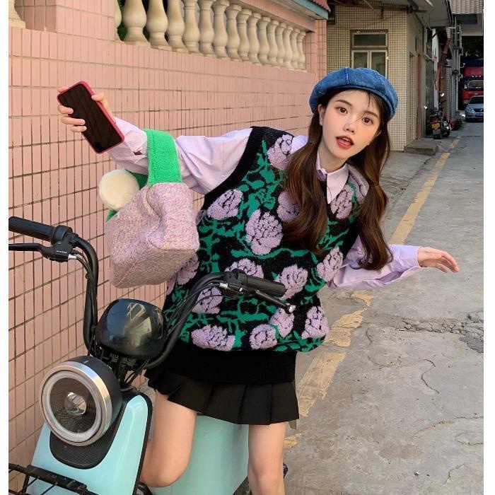 Set Áo Sơ Mi Form Rộng Họa Tiết Hoa Và Áo Len Không Tay Thời Trang Cho Nữ