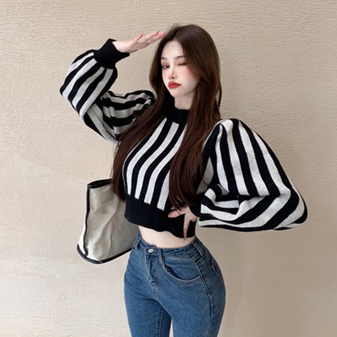 QADCOL Áo sweater dệt kim tay dài phồng họa tiết kẻ sọc nhiều màu sắc thời trang cho nữ