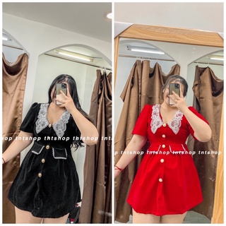 Đầm nhung cổ phối ren hàng như hình 100%