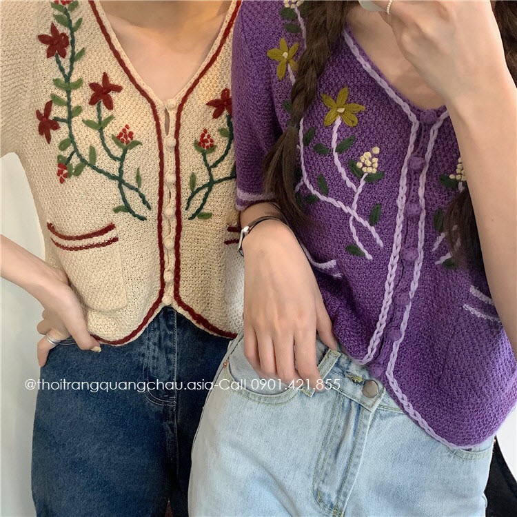 (Hàng Nhập) Áo Croptop Len Siêu Thông Thoáng Thêu Hoa &quot;Style Hàn Quốc&quot; OLOME1