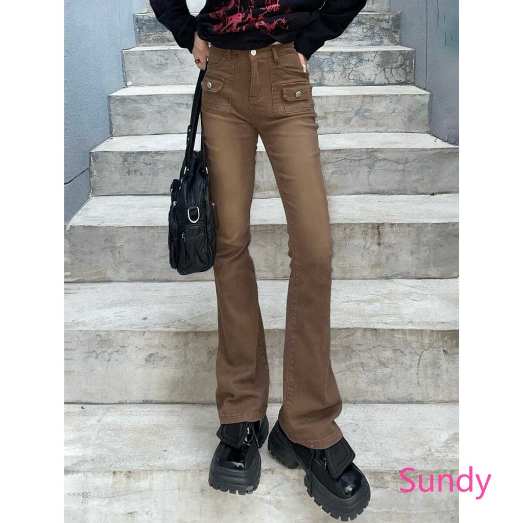 Quần Jean Dài Lưng Cao Màu Nâu Phong Cách Vintage Thời Trang Xuân Thu Cho Nữ