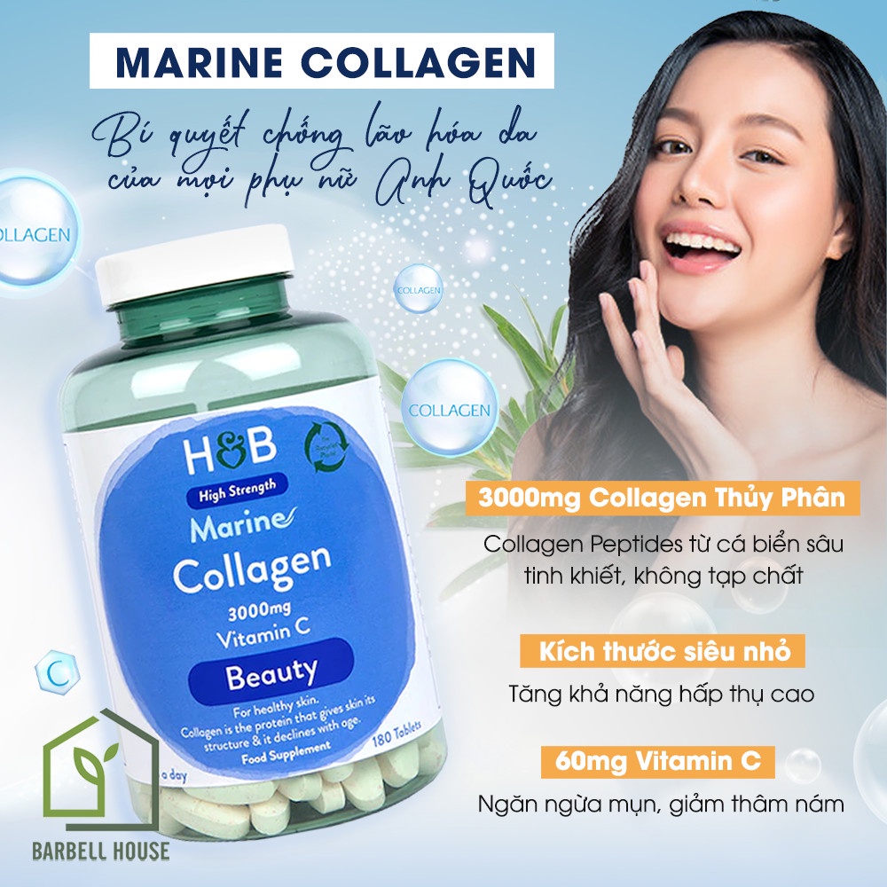 Viên uống đẹp da Collagen thủy phân  - căng sáng da, mờ nám, giảm thâm mụn, chống lão hoá, 180 viên