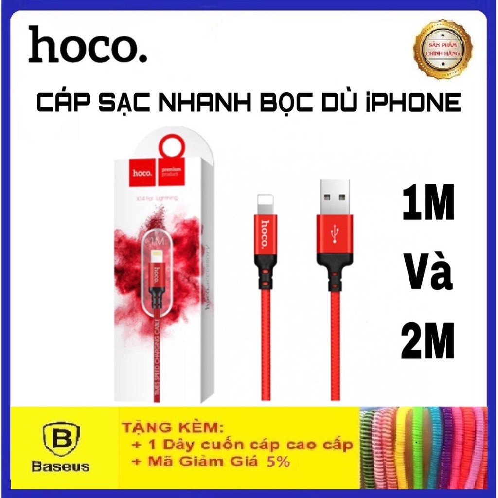 Dây Sạc iPhone Chính Hãng Hoco x14 - Cáp Sạc Nhanh 2.4A Dây Dù Chống Đứt cho iPhone/iPad dài 1M/2M - BH Chính Hãng 12T