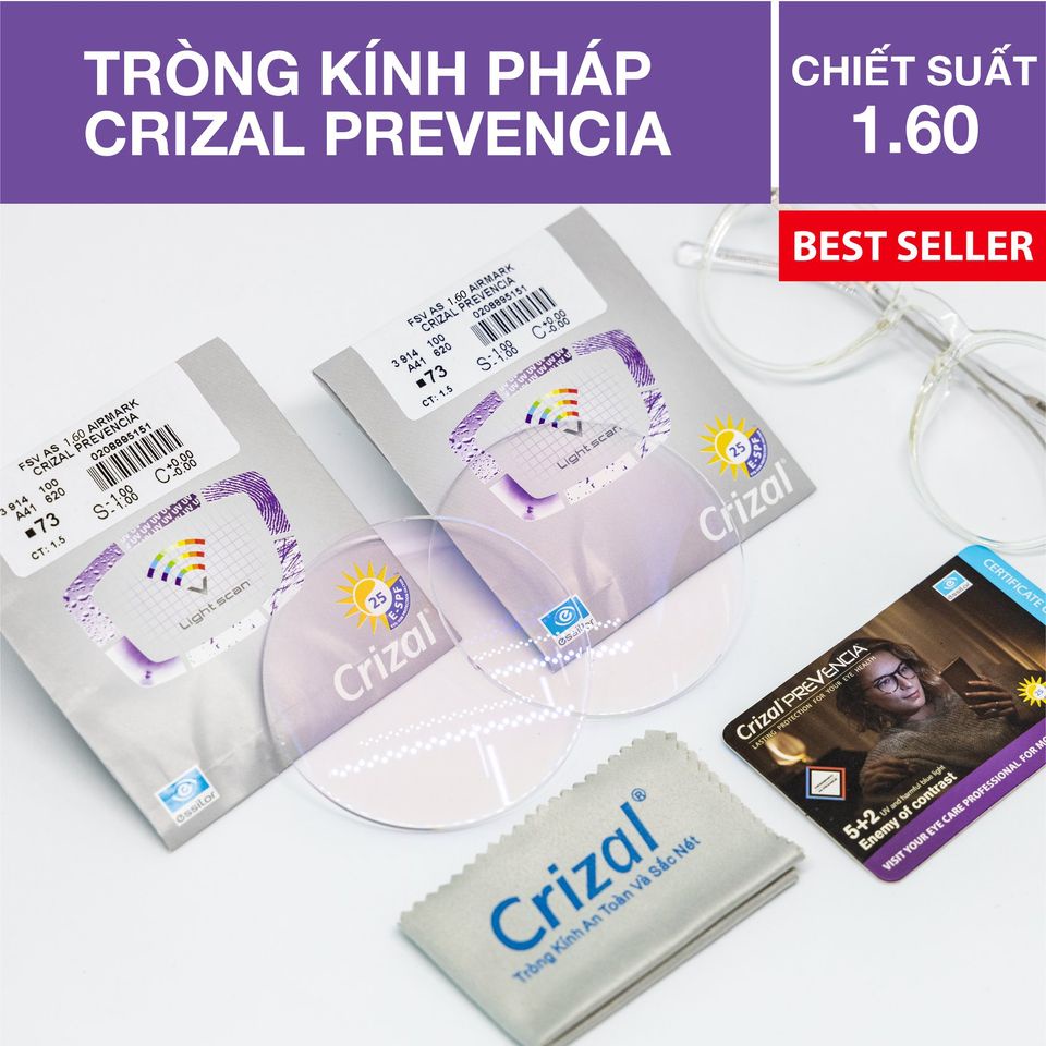 Tròng kính Cận - Loạn Hoàng Lâm ESSILOR Crizal Prevencia - Chiết suất 1.60: Lọc ánh sáng xanh thông minh