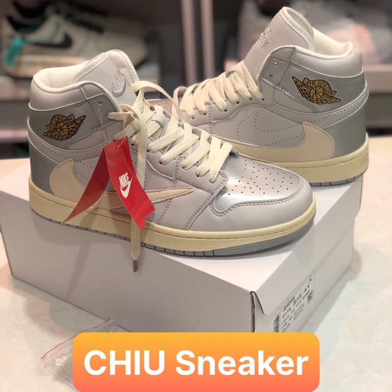 [ CHIU Sneaker 1 ] Giày thể thao Jordan cổ cao bạc travits phiên bản độc lạ hiếm da thật
