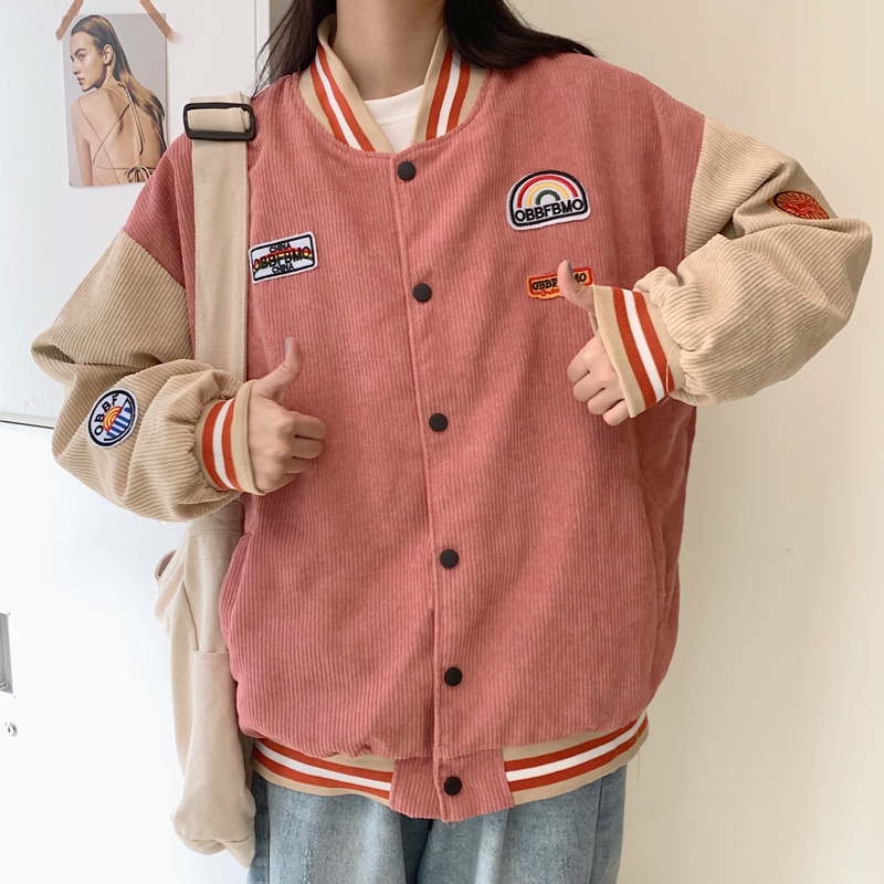 SUXI Áo khoác nhung kẻ tay dài dáng rộng thêu hoạ tiết thời trang mùa thu phong cách hàn quốc cho nữ