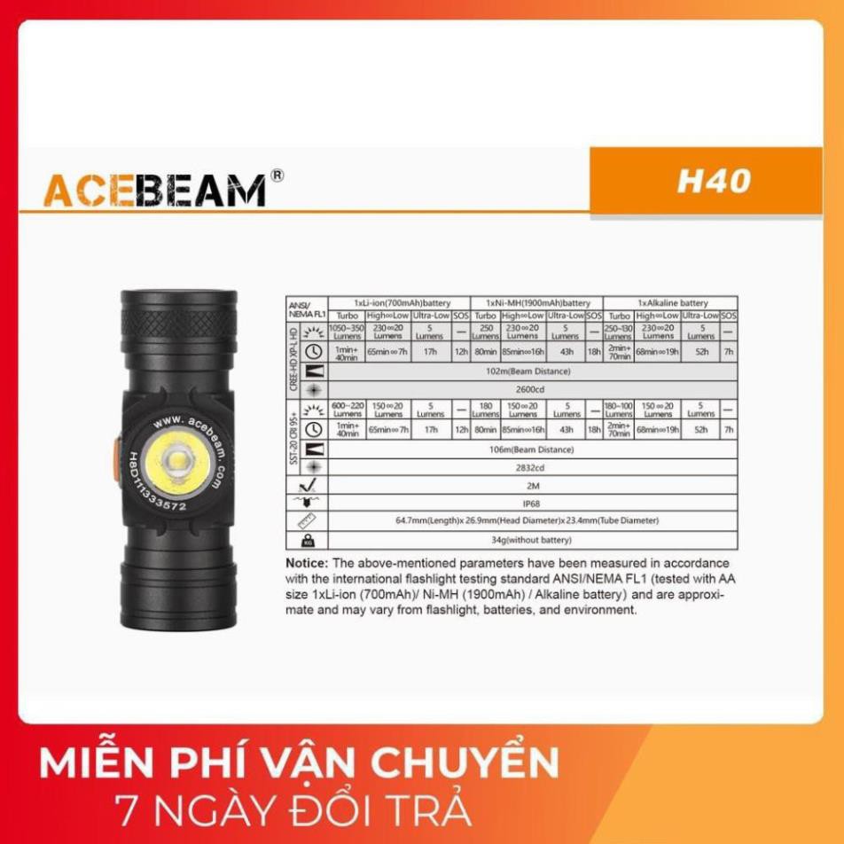 [HÀNG CAO CẤP] Đèn pin và đèn đội đầu đeo đầu ACEBEAM H40 độ sáng 1050lm chiếu xa 102m siêu nhỏ pin 14500 AA (không kèm)