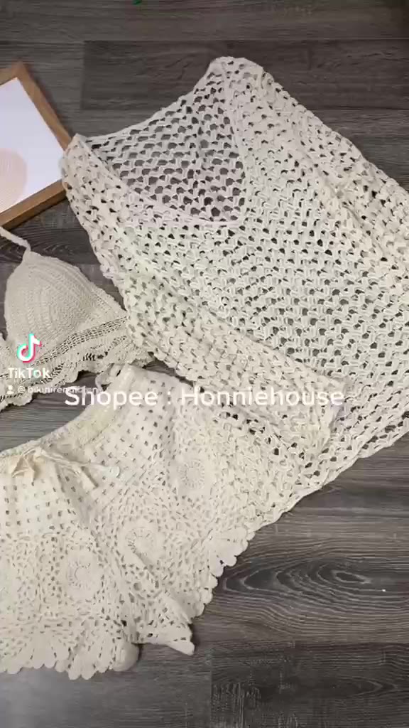 Ren 18-set bikini ren đi biển - set 3 món - bra gấu sóng + quần ren sọc hoa to + choàng tim chui đầu (có tách rời) | BigBuy360 - bigbuy360.vn