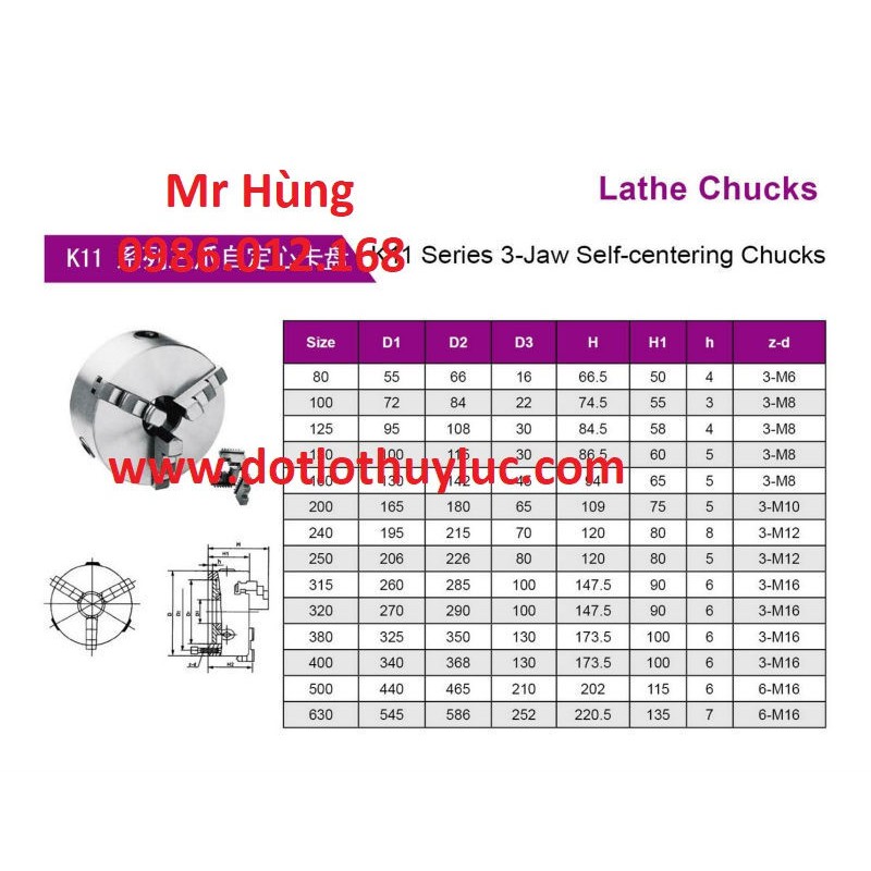 Mâm cặp 3 chấu tự định tâm máy tiện K11-240 đường kính 240mm