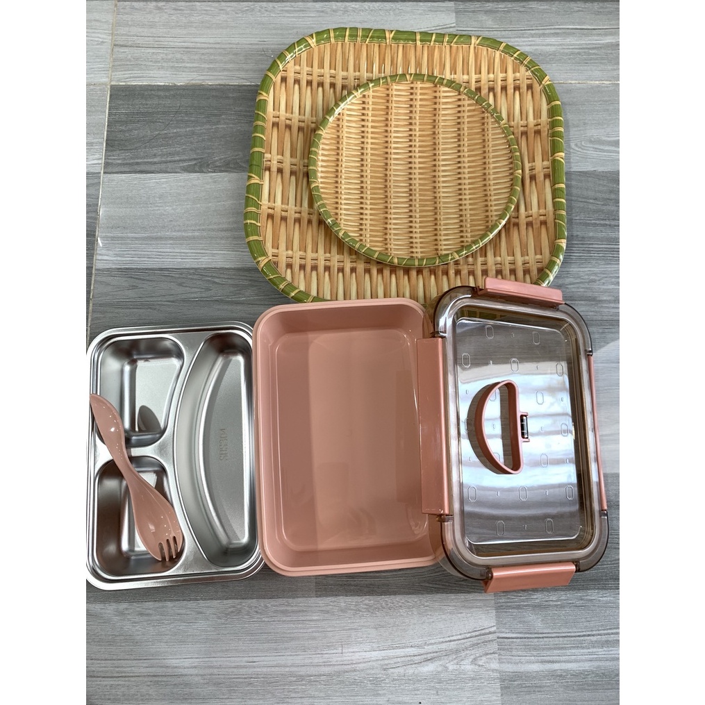 Hộp đựng cơm văn phòng 3 ngăn lõi inox 304 cao cấp giữ nhiệt dùng được cho lò vi sóng - N112