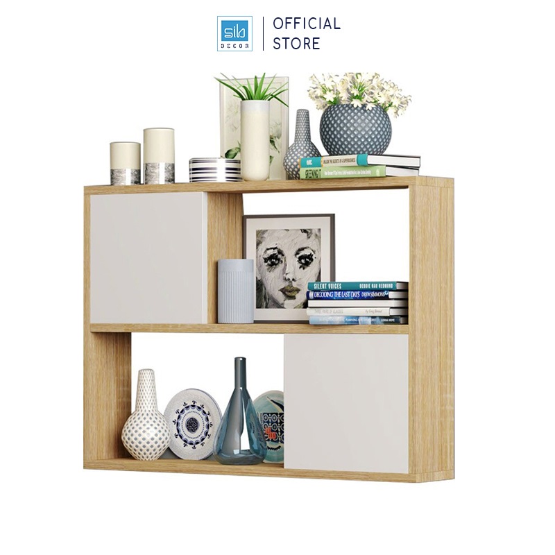 Kệ Gỗ Treo Tường 2 Tầng 2 Cánh Tủ Màu Trắng Và Sồi Hiện Đại Thương Hiệu SIB Decor