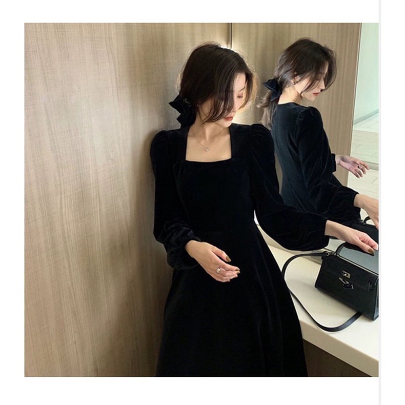 Váy Nhung Xòe Dáng Dài Thu Đông Đầm Dự Tiệc Thanh Lịch Hàng Quảng Châu Chất Đẹp