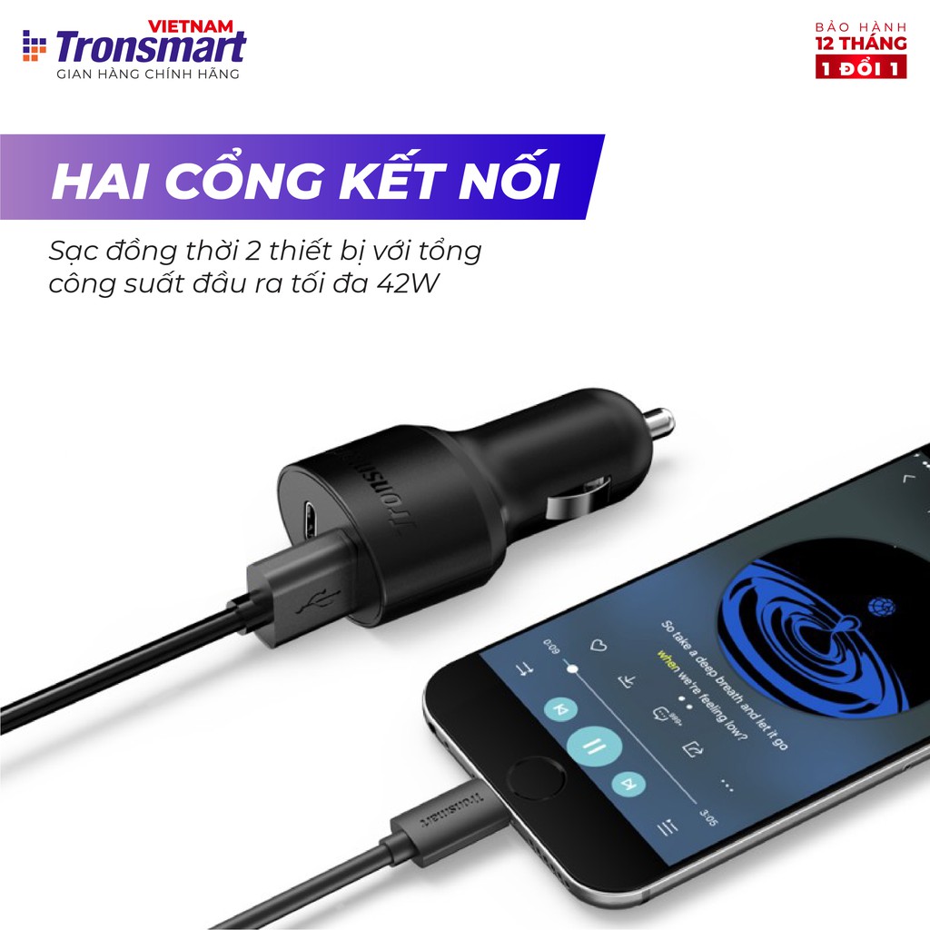 Tẩu sạc ô tô Tronsmart C2P 42W 2 cổng USB + USB TYPE C - Hàng chính hãng - Bảo hành 12 tháng 1 đổi 1