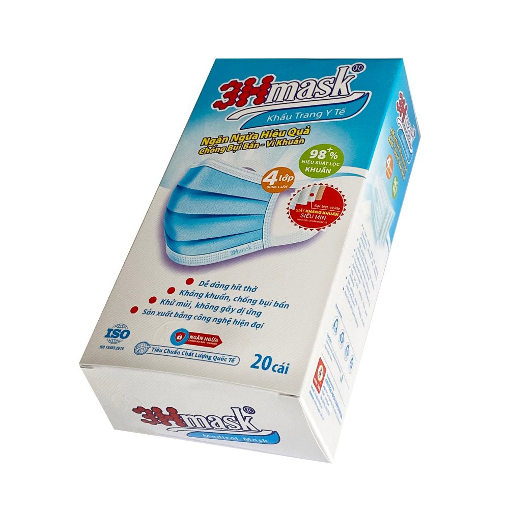 20 Khẩu Trang Y Tế 4 Lớp Màu Đen 3Hmask Quai Bản Xanh - Ngăn Bụi Và Vi Khuẩn - Gồm 3 Lớp Vải Không Dệt Và 1 Lớp Vải K.K