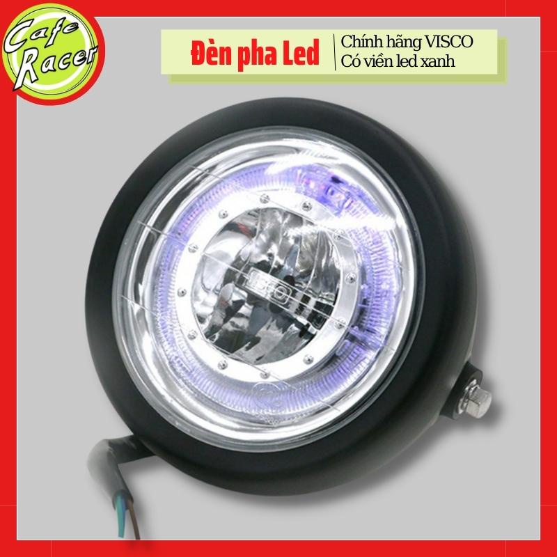 Đèn pha led viền xanh gáo sắt sơn tĩnh điện đen hoặc mạ crom sáng với mặt kính trong phủ sáng rộng