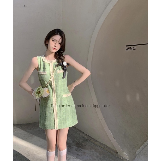 (Order )Váy dạ tweed kim tuyến viền lông tua rua màu kem hàng cao cấp