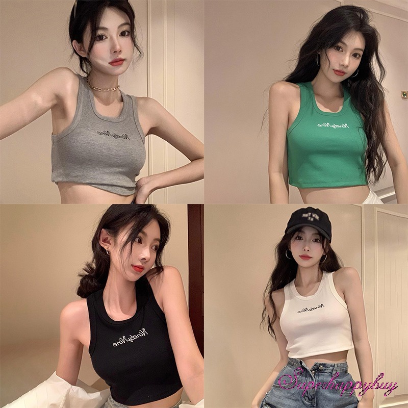 Áo Croptop Sát Nách Cổ Tròn Hoạ Tiết Chữ Thêu Cho Phái Nữ