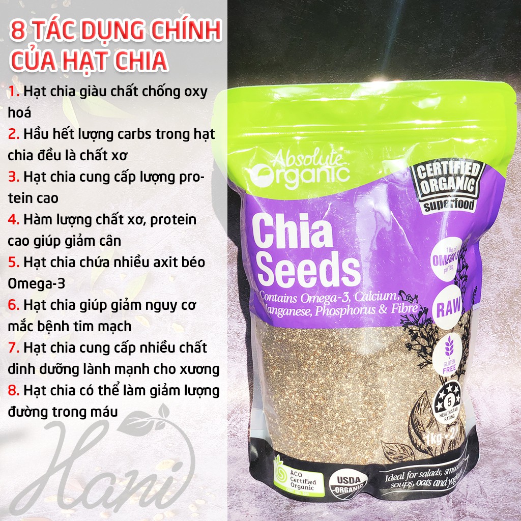 Hạt Chia Úc 1KG Absolute Organic Hữu Cơ Giảm Cân HANI FOOD ♥️ Chuẩn Chất Lượng