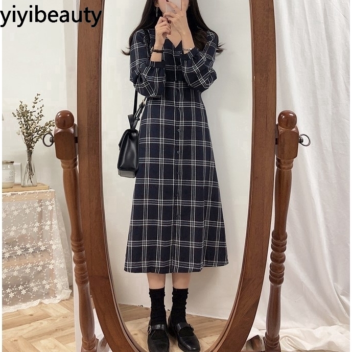 Đầm tay dài họa tiết sọc caro phong cách Hàn thời trang xinh xắn cho nữ