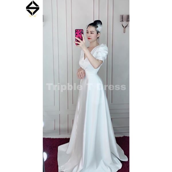 Đầm maxi cổ V đắp chéo tay phồng xẻ đùi có quần trong TRIPBLE T DRESS - MS183Y
