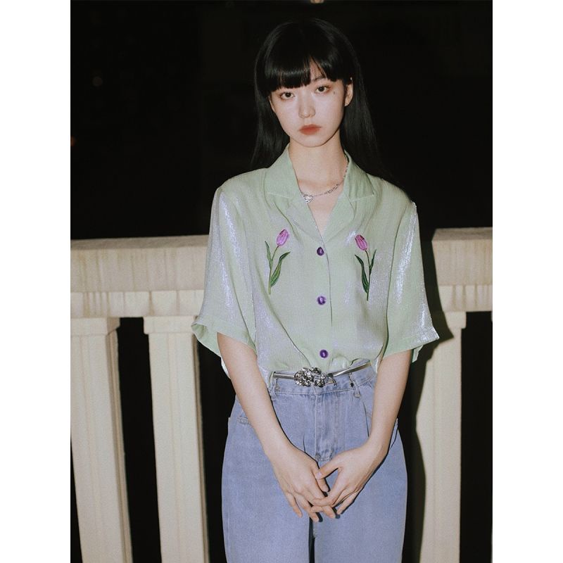 Áo Sơ Mi Tay Ngắn Thêu Hoa Tulip Thời Trang Mùa Hè Cho Nữ Size S-L 2 Kiểu