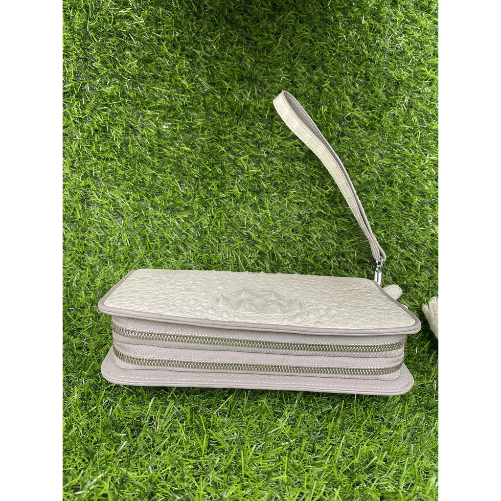 VÍ CẦM TAY DA CÁ SẤU THẬT 22x12 CM MÀU TRẮNG TINH KHÔI 2 DÂY KÉO THỤC | RYRY STORE