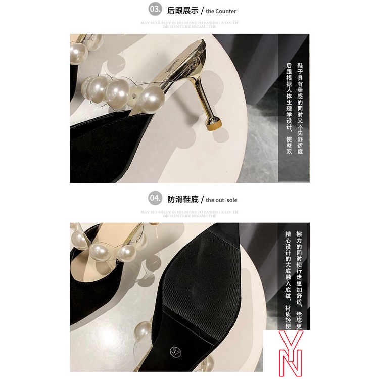 Giày Muller Cao Gót Mũi Nhọn Đính Ngọc Trai Nhân Tạo Màu Đen Thời Trang Mùa Hè Mới Cho Nữ 2021