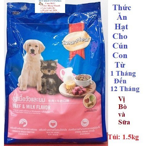 THỨC ĂN DẠNG HẠT CHO CHÓ CON SmartHeart Vị Thịt Bò và Sữa Gói 1.5Kg Xuất xứ Thái Lan