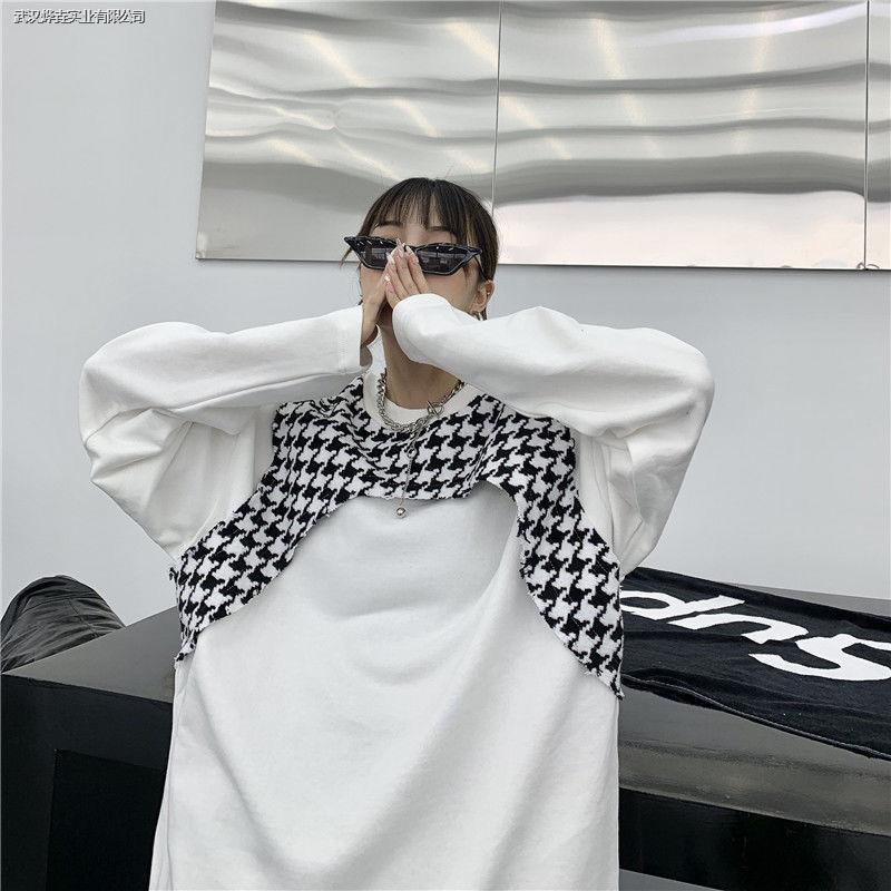 ▨►℡Áo thun dài tay cổ tròn giả nhiều lớp thời trang cho nữ