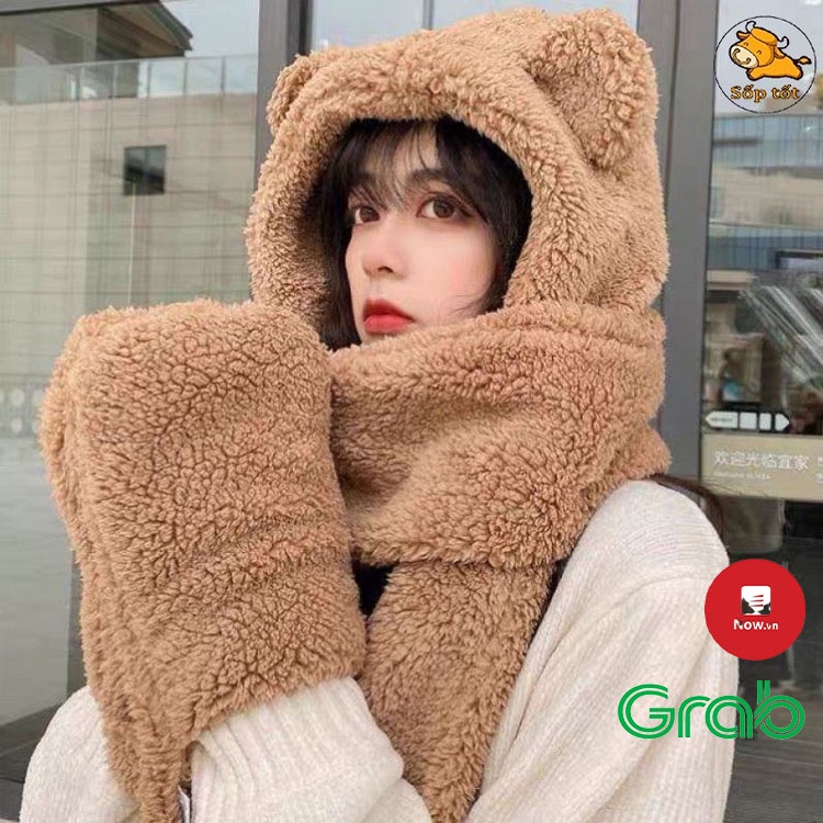 Mũ lông cừu kèm khăn quàng cổ gang tay siêu ấm mùa đông