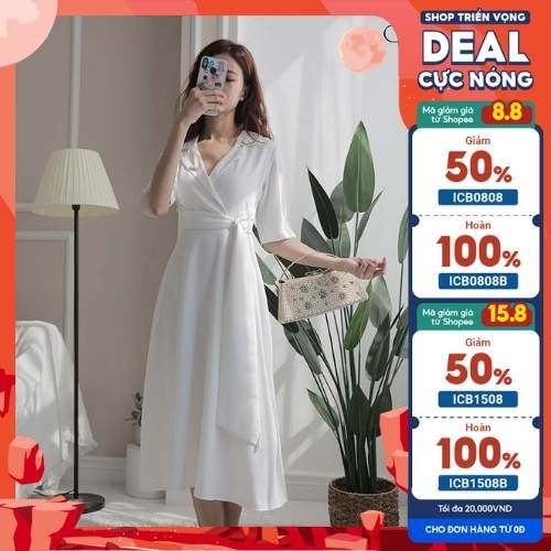Váy Nữ Trắng Công Sở, Đầm Dự Tiệc Tay Lỡ Cổ Vest Thanh Lịch Trẻ Trung