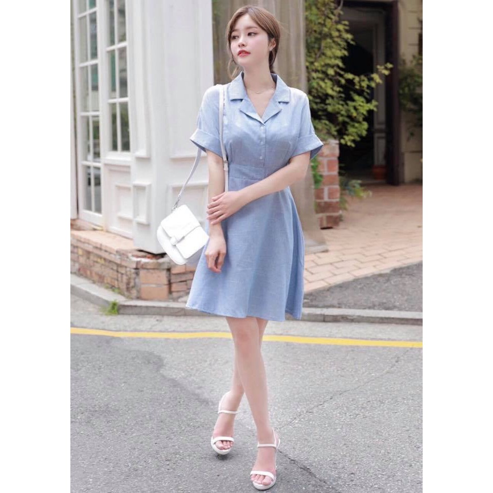 Đầm sơ mi sọc xanh linen