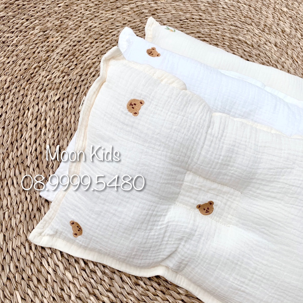 Gối sơ sinh cao cấp vải muslin thêu hoạ tiết siêu mỏng đẹp an toàn cho bé yêu (0-3m)