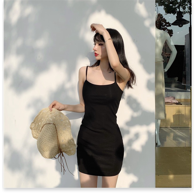 (Order 7-12 ngày) Váy thun hai dây cổ vuông bó sát ôm body gợi cảm tôn dáng style sexy Hàn Quốc hè