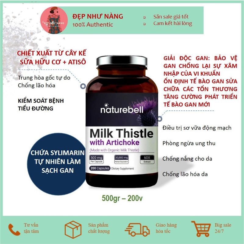 Tinh Chất Viên Hạt Cây Kế Sữa Hữu Cơ Milk Thistle Organic 500mg 200v Thanh Lọc Phục Hồi Gan Naturebell
