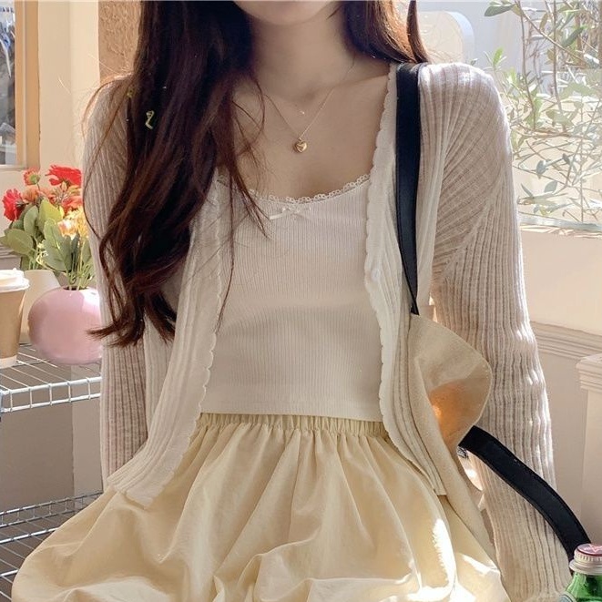 Áo Khoác Cardigan Dệt Kim Mỏng Tay Dài Màu Đen Chống Nắng Thời Trang Mùa Hè Cho Nữ