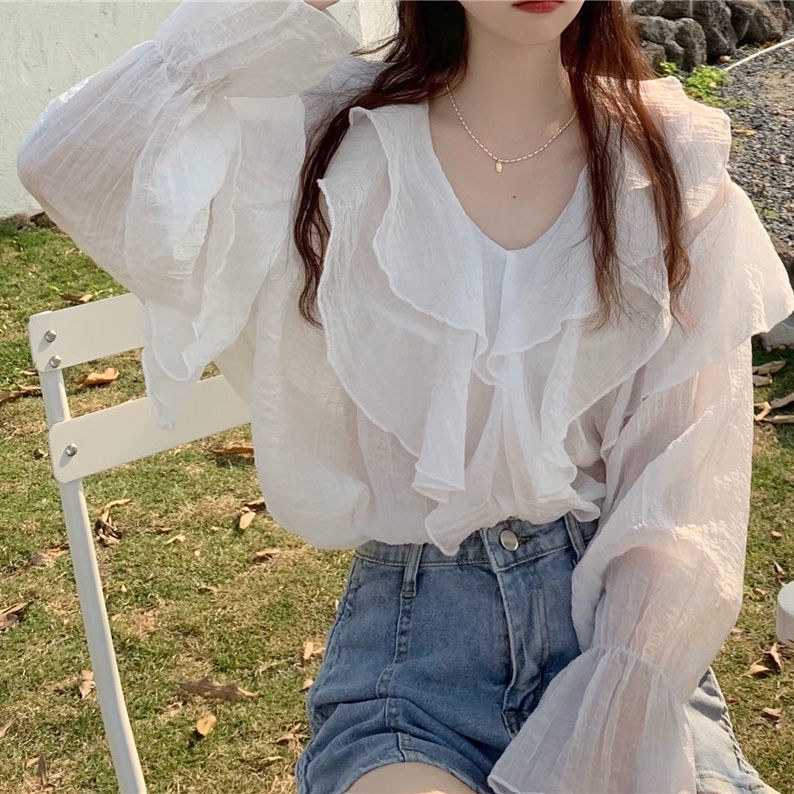 Áo Sơ Mi Chiffon Cổ V Tay Dài Phối Bèo Kiểu Retro Pháp Thời Trang 2022 Cho Nữ