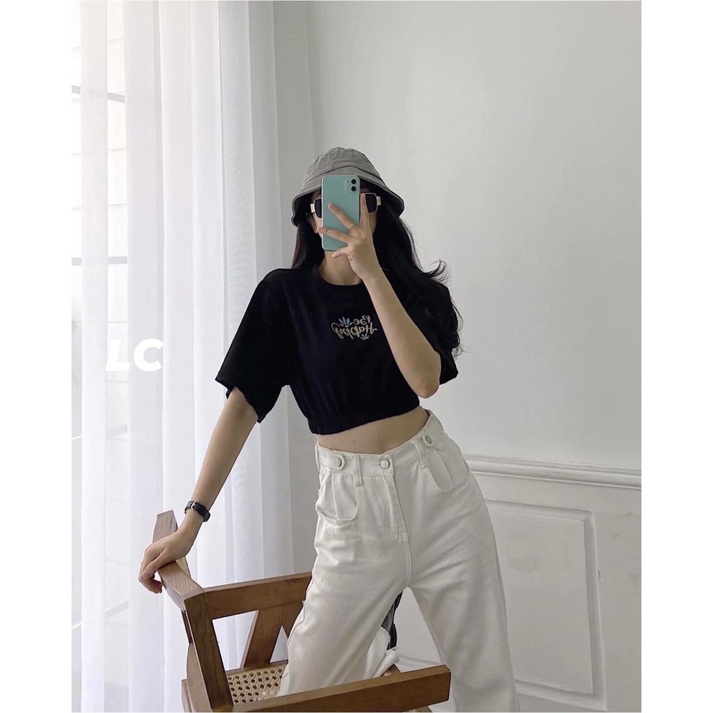 Áo Croptop Thêu Bo Chun PEONYB Nữ [FREESHIP] 🌸 Thun body cộc tay dáng ôm, phông form ngắn cổ tròn màu đen Ulzzang 🌸 ་