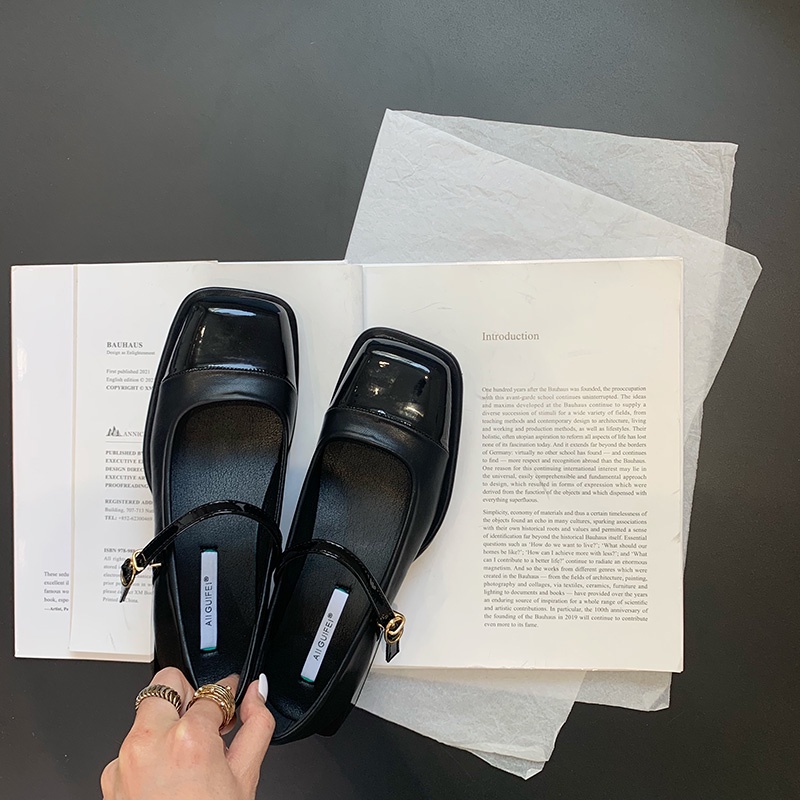 Giày Da Gót Dày Phối Khóa Cài Phong Cách Retro Pháp Thời Trang Xuân Thu Cho Nữ