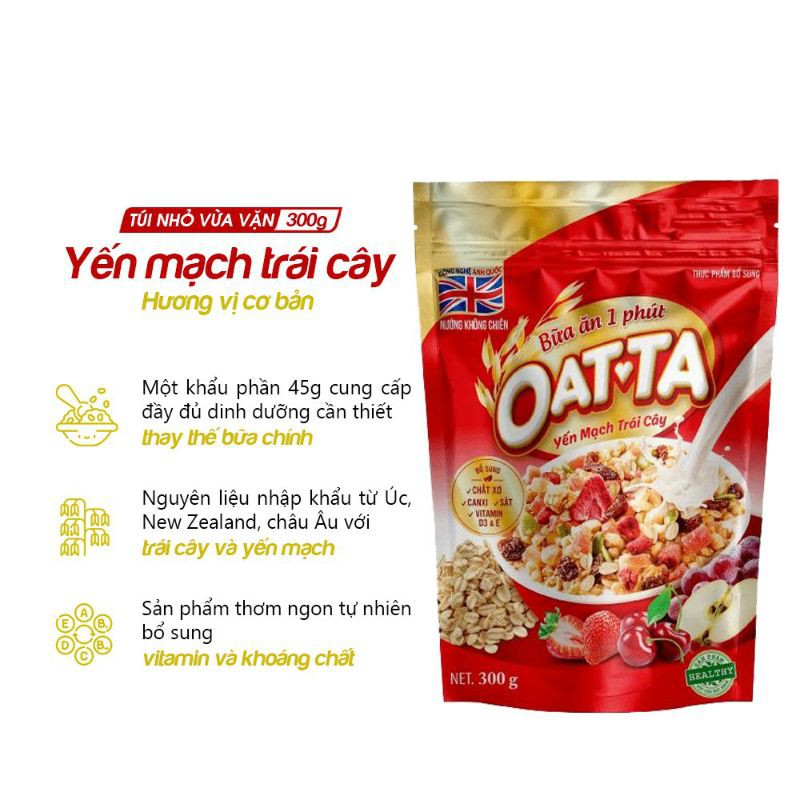 Yến Mạch Trái Cây (cherry, dâu tây, táo, nho) Sấy Oatta 300G Ngũ cốc nguyên cám ăn sáng kiêng