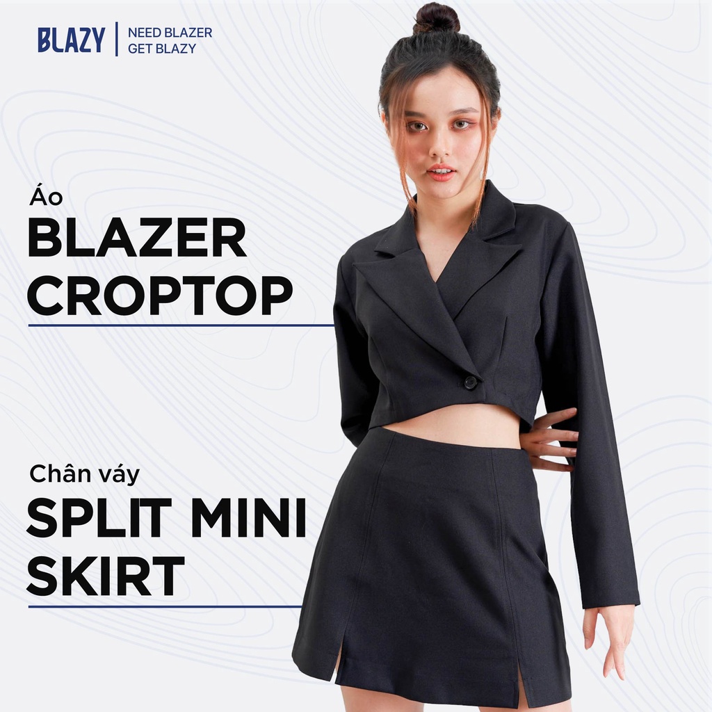 Set Áo Blazer Nữ Croptop Dài Tay Kèm Chân Váy BLAZY - Màu Đen/ Xanh Chất Kaki Dày Dặn, Chống Nhăn, Phong Cách Hàn Quốc
