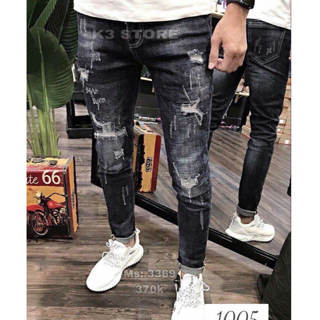 Quần jean nam cao cấp chất bò rách gối thêu logo khóa lệch co giãn mẫu mới nhất AHFASHION | BigBuy360 - bigbuy360.vn